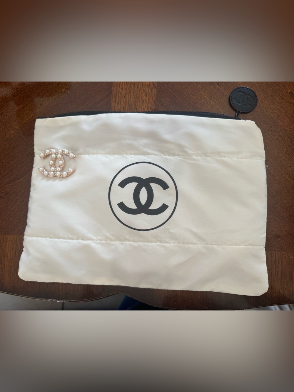 CHANEL Cream Quilted Logo Cosmetic Pouch with Pearl CC Pin